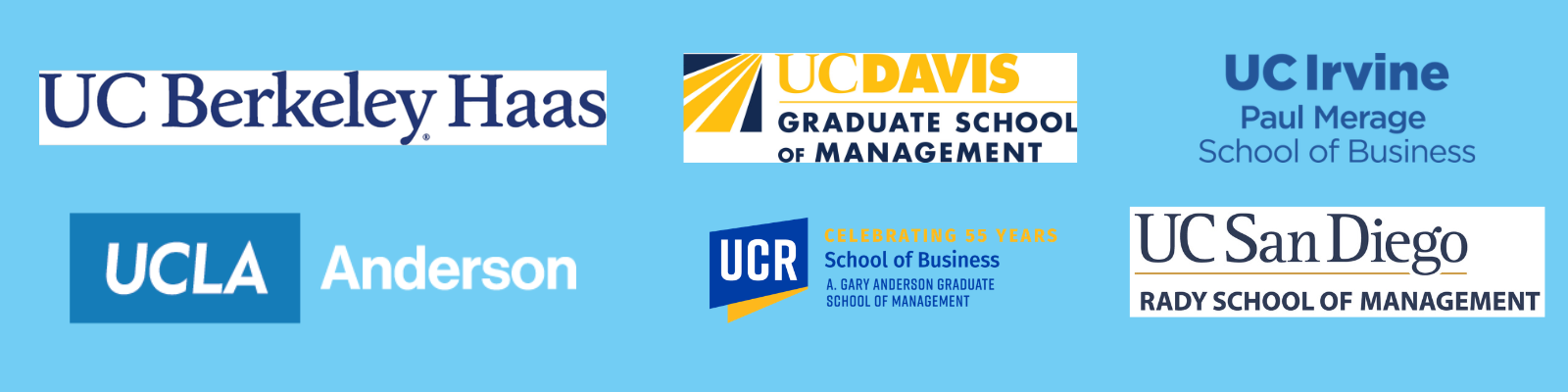An image showing the logos from all 6 UC graduate business campuses. They are: UC Berkeley, UC Davis, UC Irvine, UCLA, UC Riverside and UC San Diego